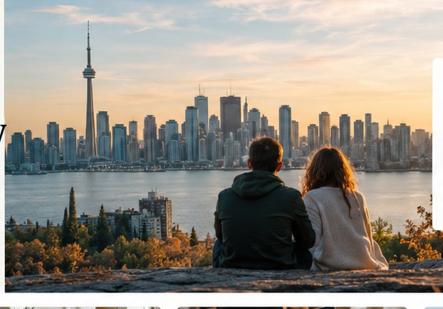 Couple overlooking a Canadian city skyline.